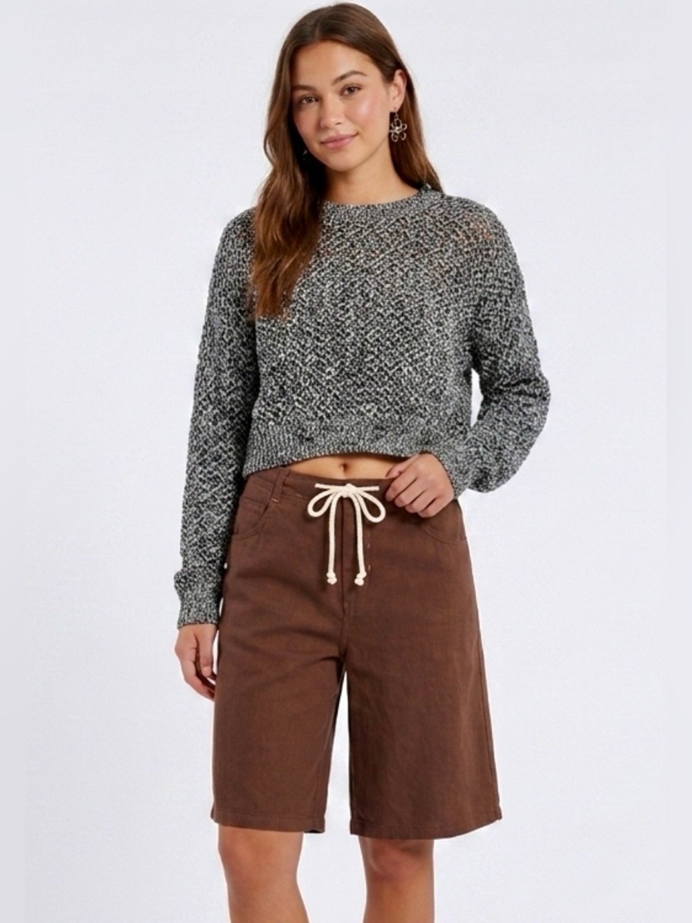 Hurley Open Knit Crop Sweater Medium Black White Chunky Loose Knit NWT⁠